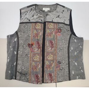 Coldwater Creek Embroidered Tapestry Vest Gray Floral Patchwork Size XL
